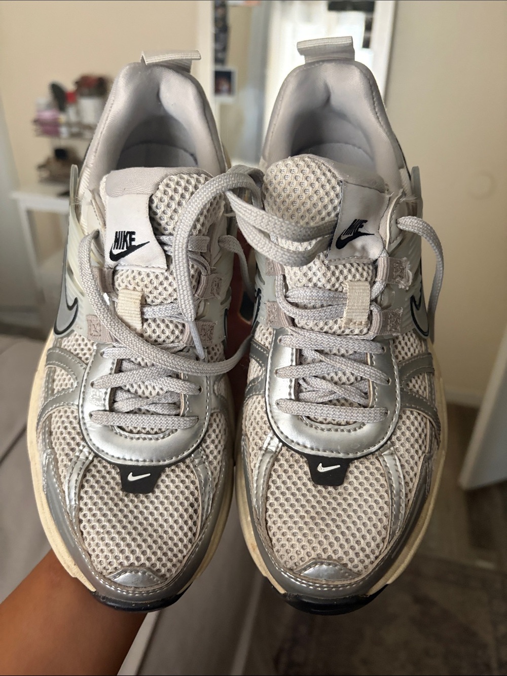 Nike White and Silver Mesh Athletic Sneakers